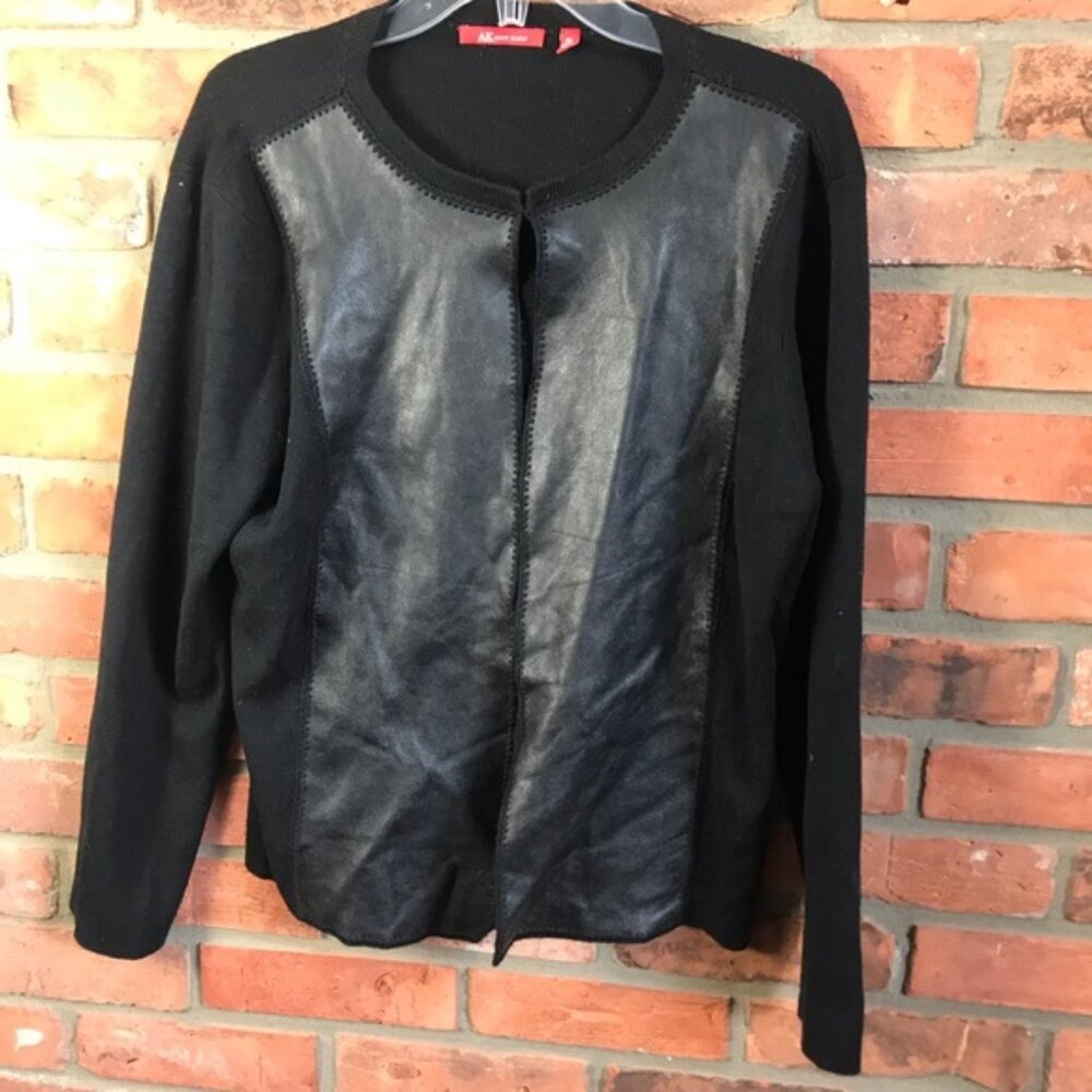 Anne Klein Vintage Y2K Wool Leather Cardigan Sweater Jacket Top Soft Black XL - Picture 11 of 16